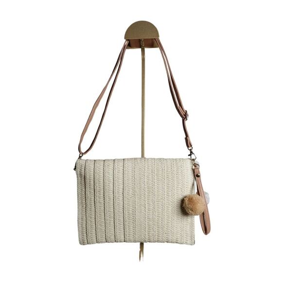 Cream Woven Straw Envelope Bag Crossbody or Clutch with Embroidery & Pom Pom - Picture 2 of 7